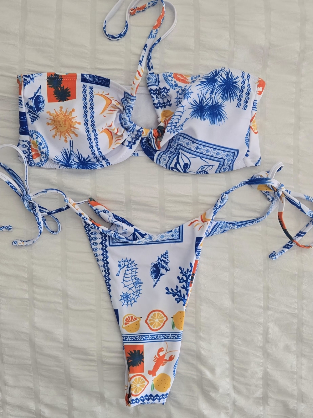 SHEIN White Blue Orange Tropical Print Tie Bikini Set